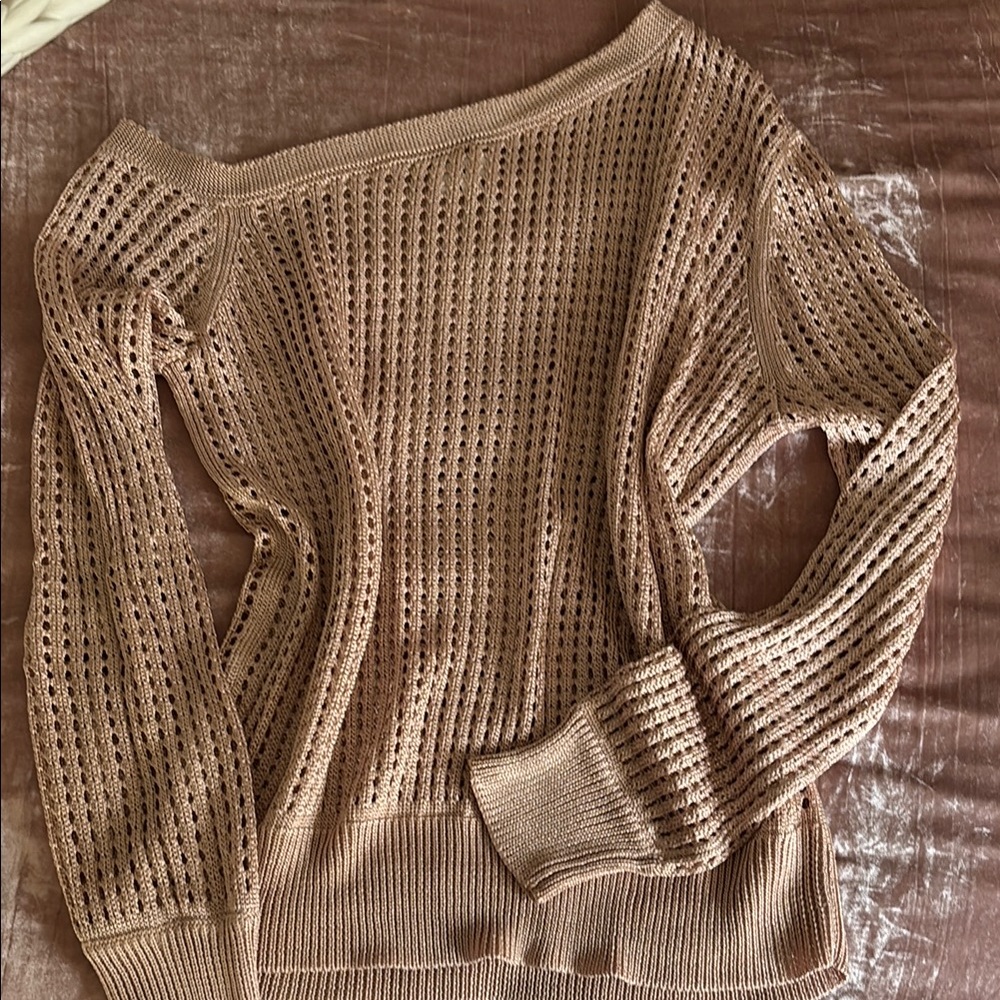 LPA Tan Off-the-Shoulder Sweater with Open-Knit Texture and Relaxed Fit